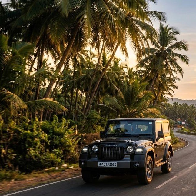 Self-drive rental car on a scenic Goa coastline